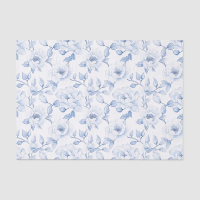 Papier Mousseline Tenue de Mariage Chic Fleurs Bleu et Blanc (Recto)