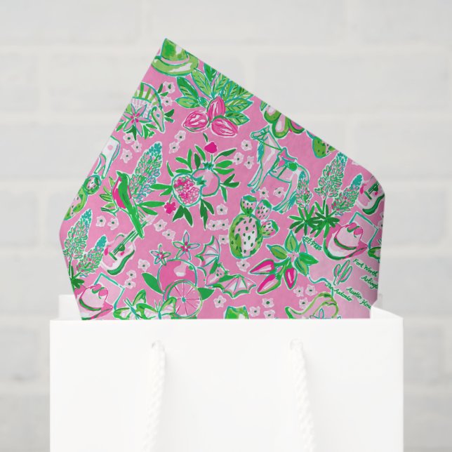 Papier Mousseline Texas Map Pink & Green Preppy Motif (Sac cadeau)
