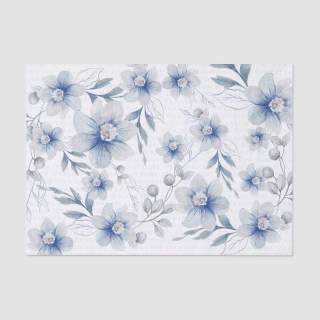 Papier Mousseline Texte Amour Fleur Aquarelle Bleu Poussiéreux (Recto)