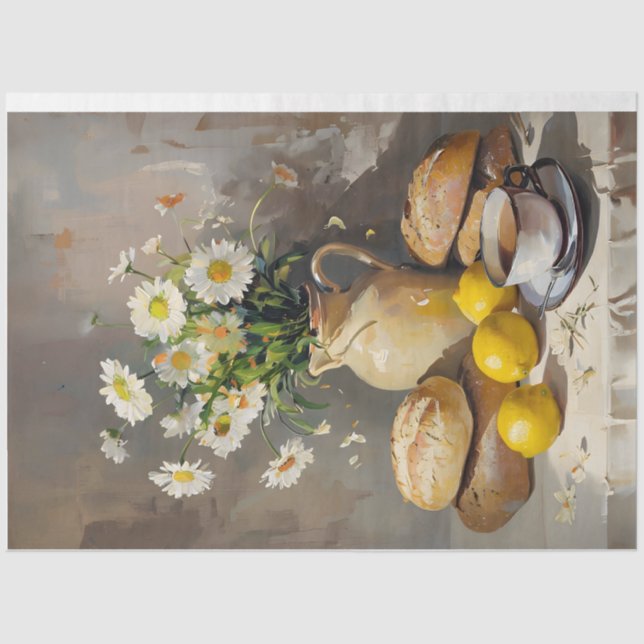 Papier Mousseline Thé du matin avec Daiseys Découpage papier tissu (Recto)