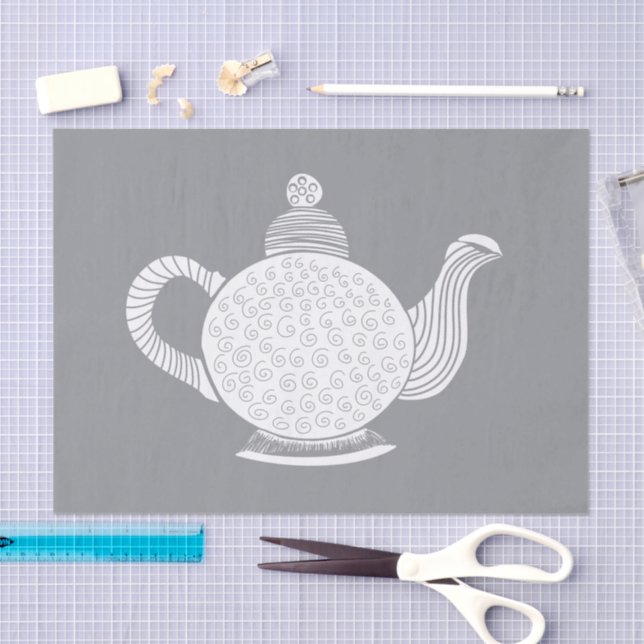 Papier Mousseline Théière blanche sur gris (Artisanat)
