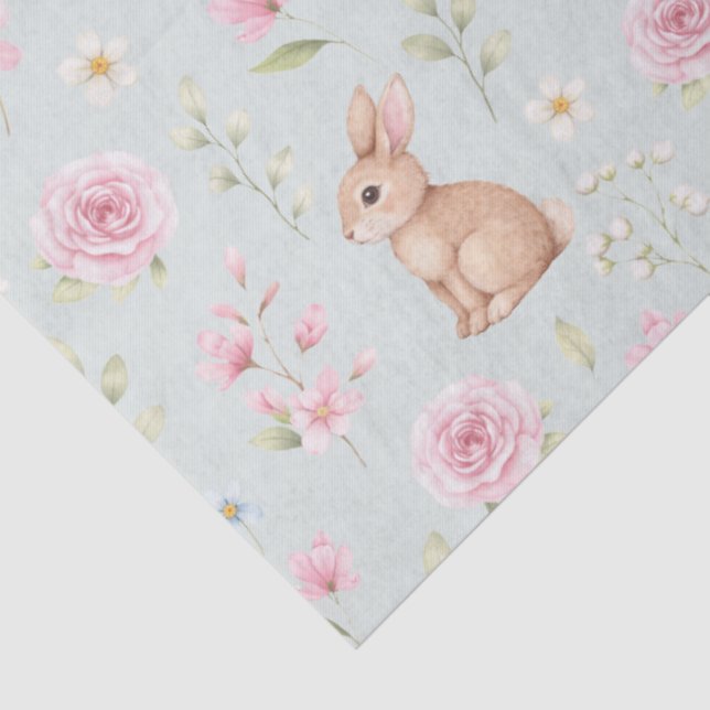 Papier Mousseline Théière Lapin Mignon Fleurs Roses  (Détail)