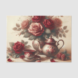 Papier Mousseline Théière vintage et roses rouges, thé à la florale