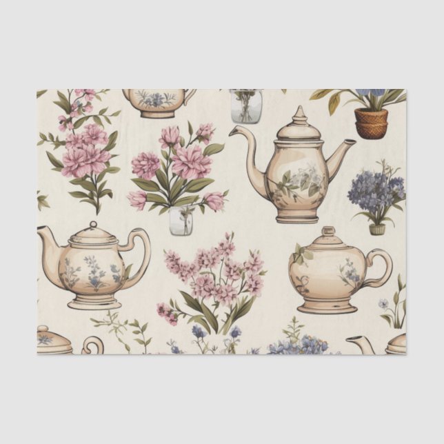 Papier Mousseline Théières et fleurs (Recto)