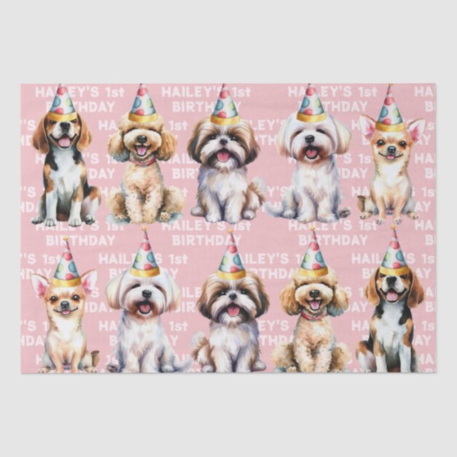 Papier Mousseline Thème de chien Anniversaire fête rose (Recto)