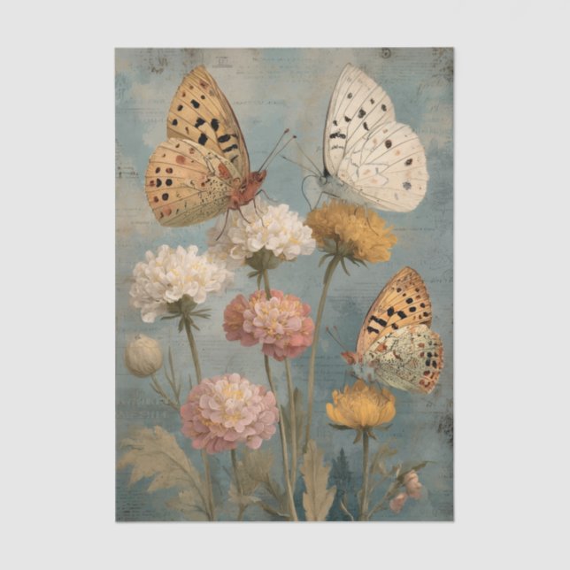 Papier Mousseline Three Painterly Butterflies Perched on Flowers (Recto)