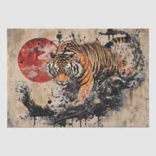 Papier Mousseline Tigre vintage asiatique en fibre avec soleil rouge