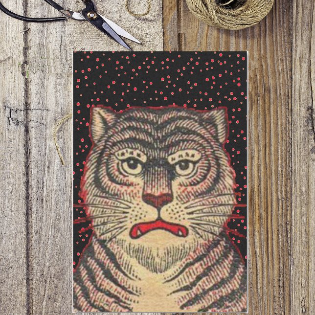 Papier Mousseline Tigre vintage-Asiatique trié (Asian tiger with fierce looking face and black stripes on black with red dots tissue wrapping paper.)