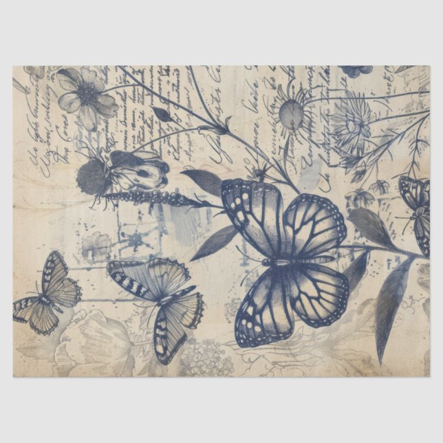 Papier Mousseline Timbre papillon d'encre monochrome rétro (Recto)