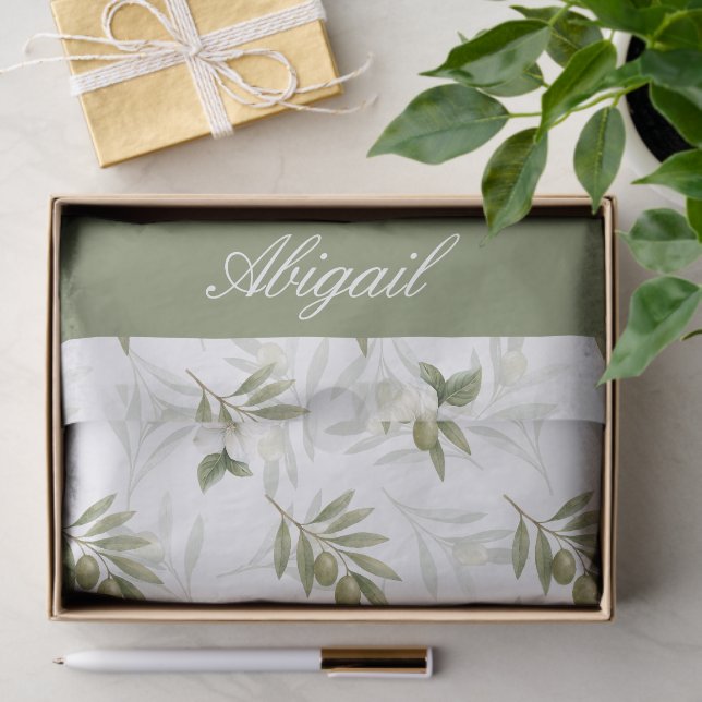 Papier Mousseline Timeless Sage Olive Watercolor Name (Cadeau)