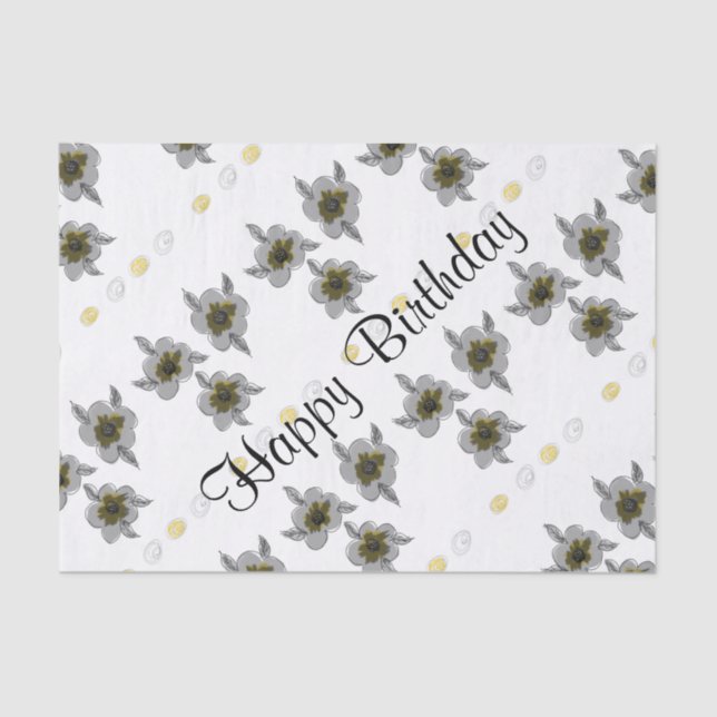 Papier Mousseline Tissu d'anniversaire gris floral (Recto)