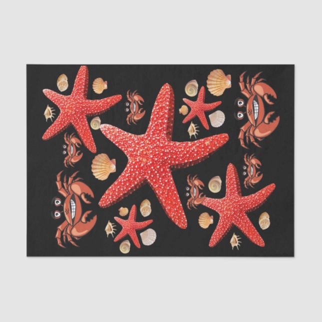 Papier Mousseline Tissu Papier Crabes Starfish Beach Shells Noir (Recto)