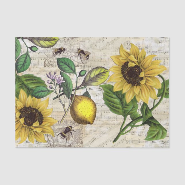 Papier Mousseline Tissu vintage citron tournesol (Recto)