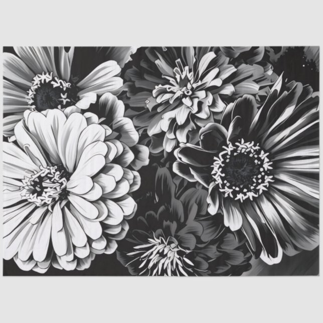 Papier Mousseline Tissue paper black and white flowers (Recto)