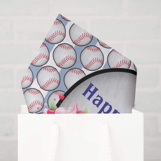 Papier Mousseline Tissue Paper Blue Baseball Happy Birthday  (Sac cadeau)