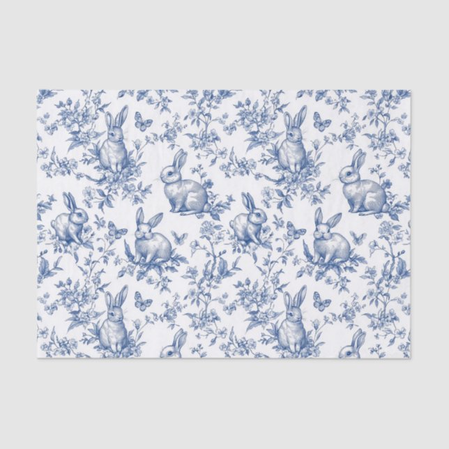Papier Mousseline Toile Bleue De Jouy Bunny Pâques (Recto)