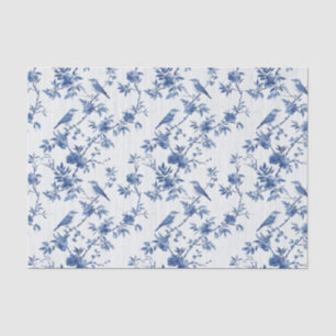 Papier Mousseline Toile Bleue motifs floraux avec oiseaux