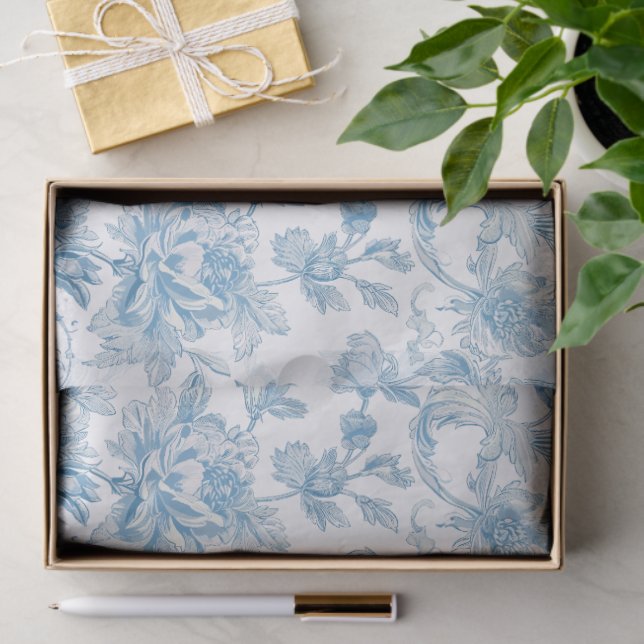 Papier Mousseline Toile-de-jouy Chinoiseries Blue Floral Pattern (Cadeau)