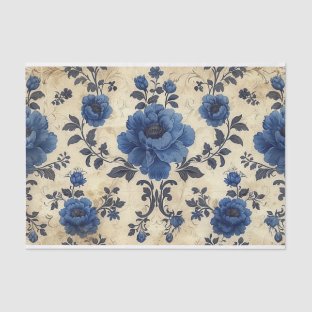 Papier Mousseline Toile de Jouy roses en bleu sur personnes âgées (Recto)