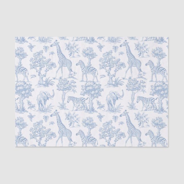 Papier Mousseline Toile de Jouy Safari animaux bleu poussiéreux élég (Recto)
