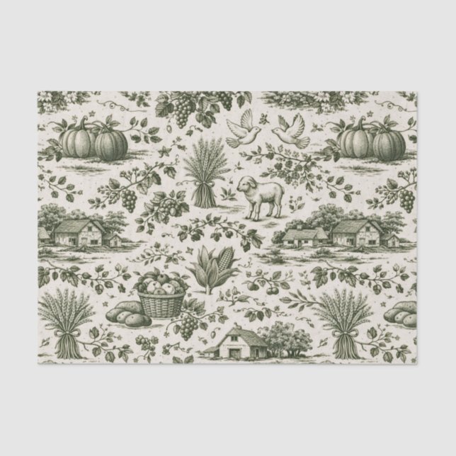Papier Mousseline Toile de Jouy verte sauge pour la fête de Thanksgi (Recto)