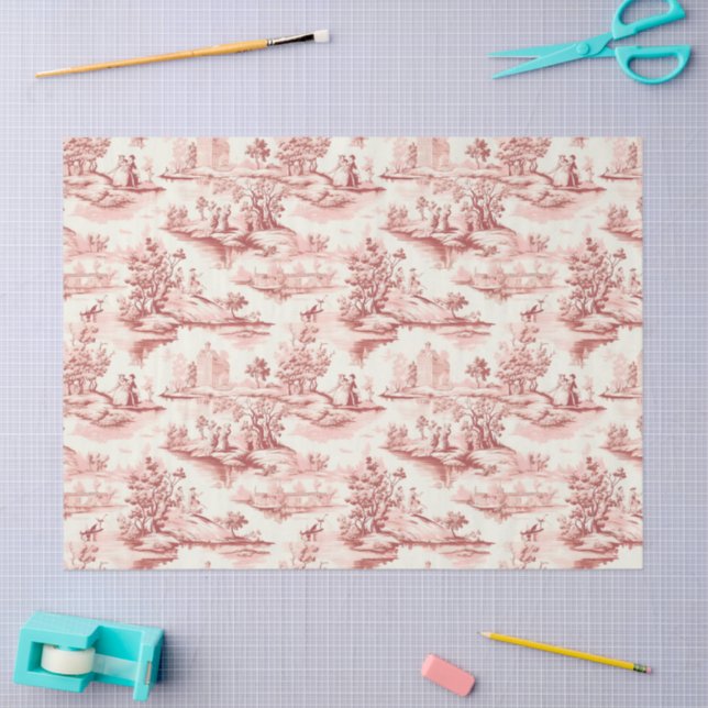 Papier Mousseline Toile du Jouy Red Faux French  (Artisanat)