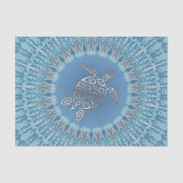 Papier Mousseline Tortue Bleue Argent Et Mandala (Recto)
