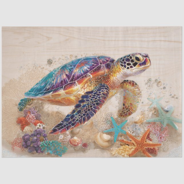Papier Mousseline Tortue de mer et découpage de corail (Recto)