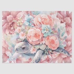 Papier Mousseline Tortue de mer florale et fleurs roses