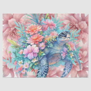 Papier Mousseline Tortue de mer florale et fleurs roses