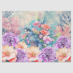Papier Mousseline Tortue de mer tropicale et fleurs d'aquarelle