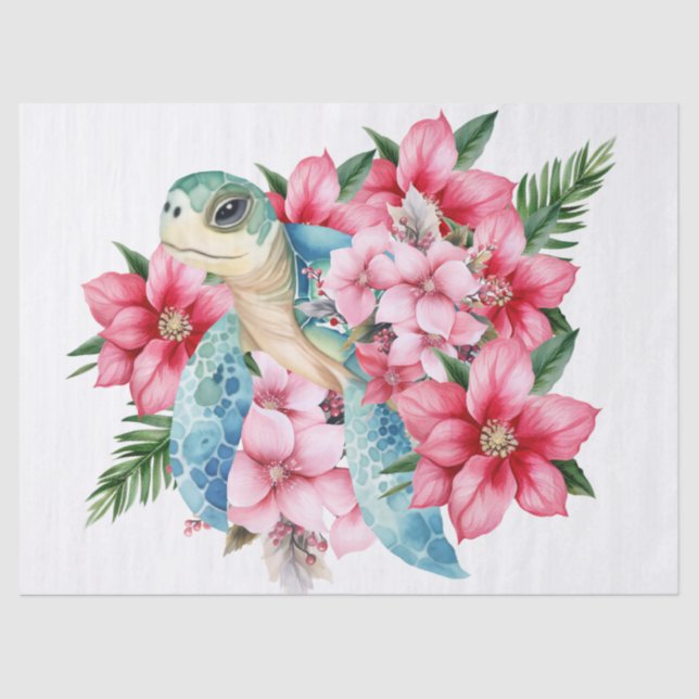 Papier Mousseline Tortue de mer Whimsical et fleurs roses (Recto)
