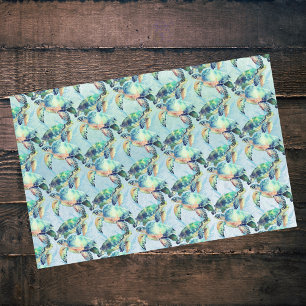 Papier Mousseline Tortues et algues bleues et vertes