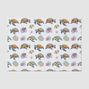 Papier Mousseline Tortues marines, Corail Poisson Marine Vie Bleue