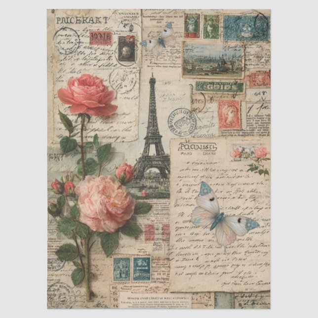Papier Mousseline Tour Eiffel en techniques mixtes, fleurs et papill (Recto)