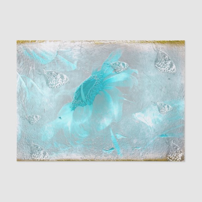 Papier Mousseline Tournesol à papillon Turquoise Argent Vintage (Recto)