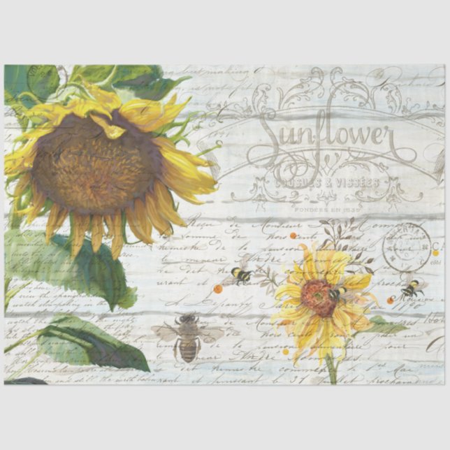 Papier Mousseline Tournesol avec abeilles Script Ephemera rustique D (Recto)