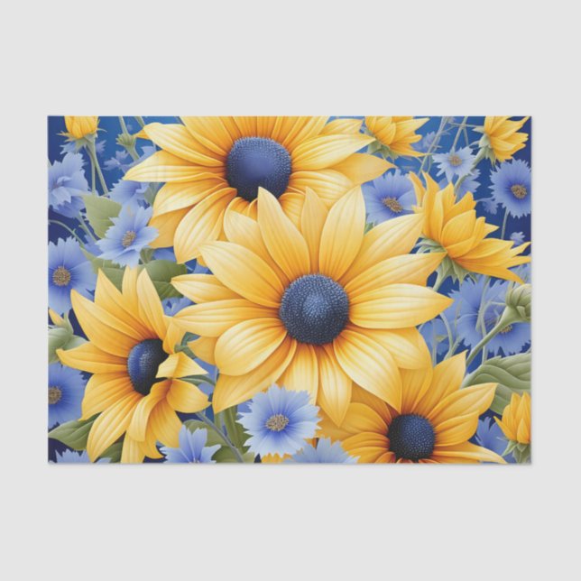 Papier Mousseline Tournesol Élégant Avec Fleurs sauvages Bleus Doux (Recto)