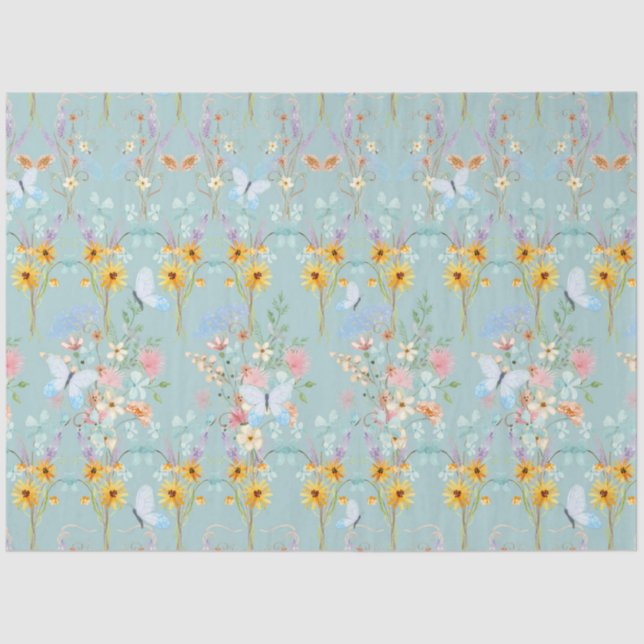 Papier Mousseline Tournesol Floral Bleu Jaune Découpage Papillon (Recto)