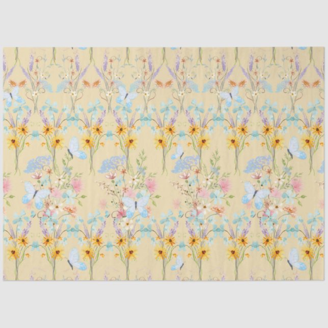 Papier Mousseline Tournesol Jaune Floral Bleu Papillon Découpage (Recto)