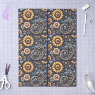 Papier Mousseline Tournesols et torrents Découpage bleu or Marine