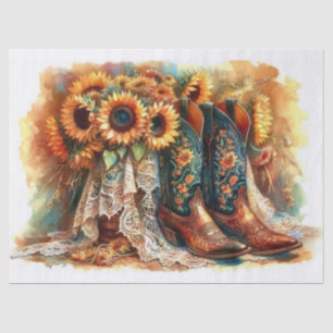 Papier Mousseline Tournesols Rustiques, Bottes De Cowboy, Papier Tis