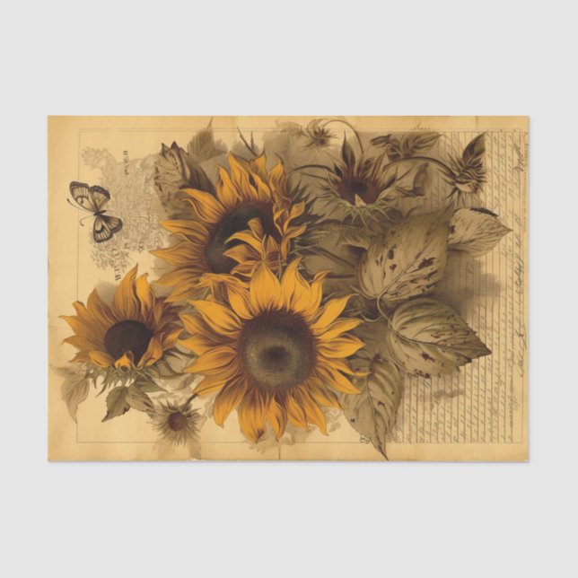 Papier Mousseline Tournesols Vintages bouillonnant avec papillon (Recto)