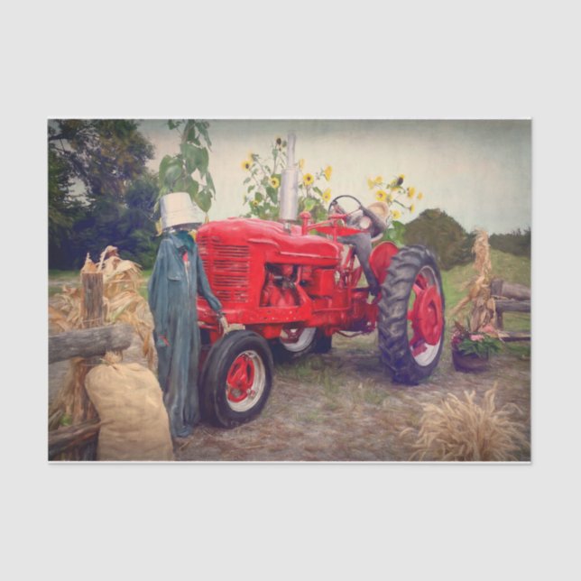 Papier Mousseline Tracteur agricole Red Rustic Country Automne Harve (Recto)
