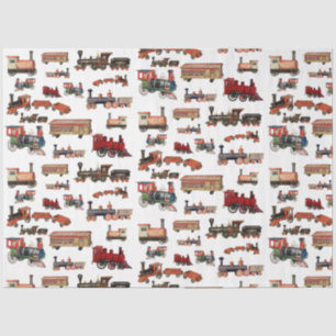 Papier Mousseline Train Jouet vintage Motif Trains colorés