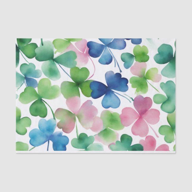 Papier Mousseline Trèfle à trois feuilles aquarelle rose vert bleu (Recto)