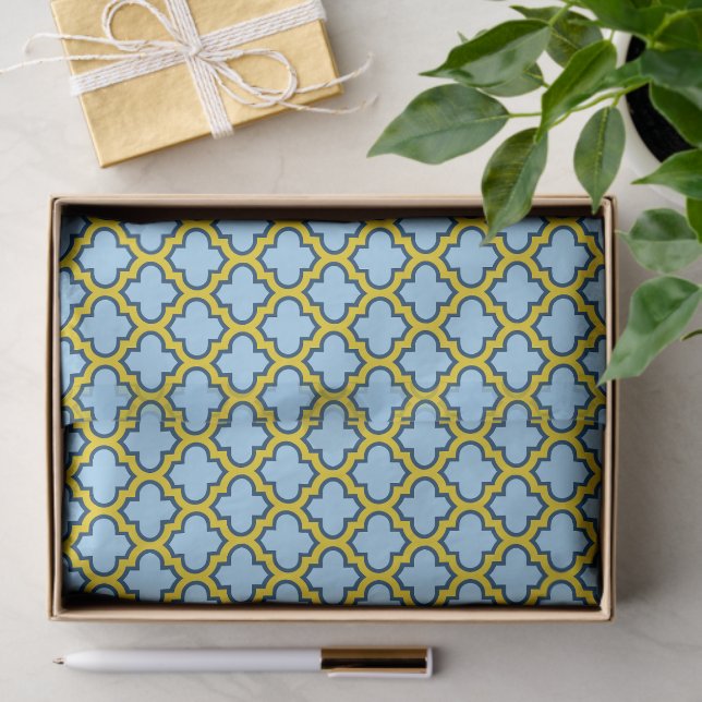 Papier Mousseline Trellis bleu et jaune, treillis, Quatrefoil (Cadeau)