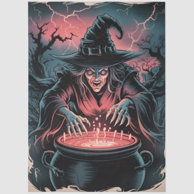 Papier Mousseline Trendy Spooky Halloween witch and Cauldron (Recto)