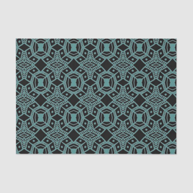 Papier Mousseline Tribal Gems noir et Motif Turquoise papier tissu (Recto)