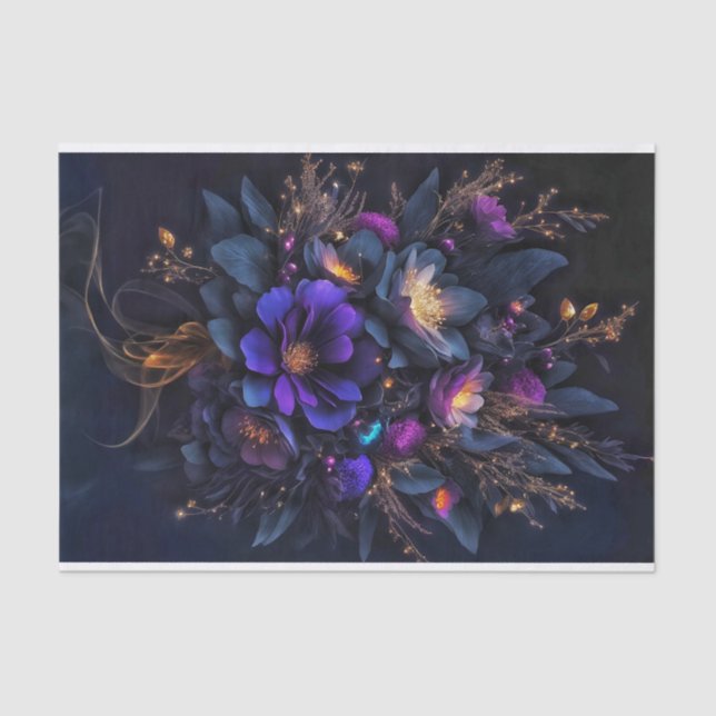 Papier Mousseline Trois fleurs sombres parsemées d'étincelles dorées (Recto)